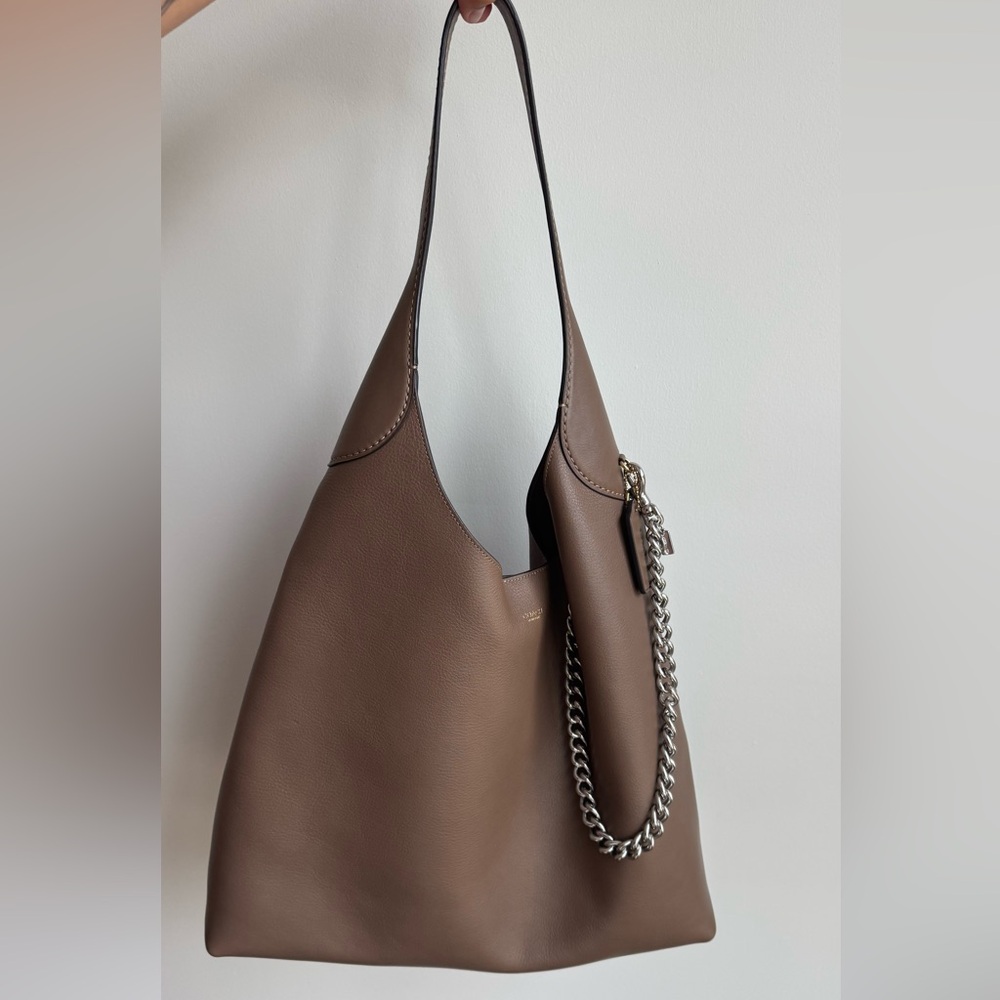Coach Taupe Shoulder Tote with Silver Chain Detail